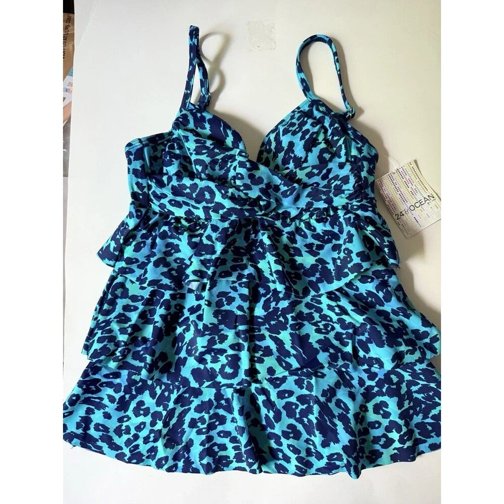 24th & Ocean Tankini Top Womens Sz S Blue Animal Print Layered Ruffle New